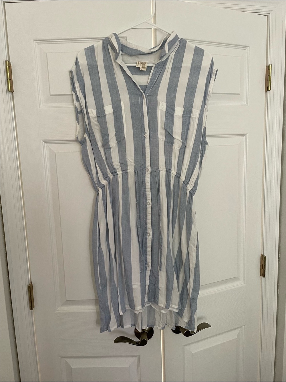 Light Blue and White Striped Button-Front Women's Top Dress